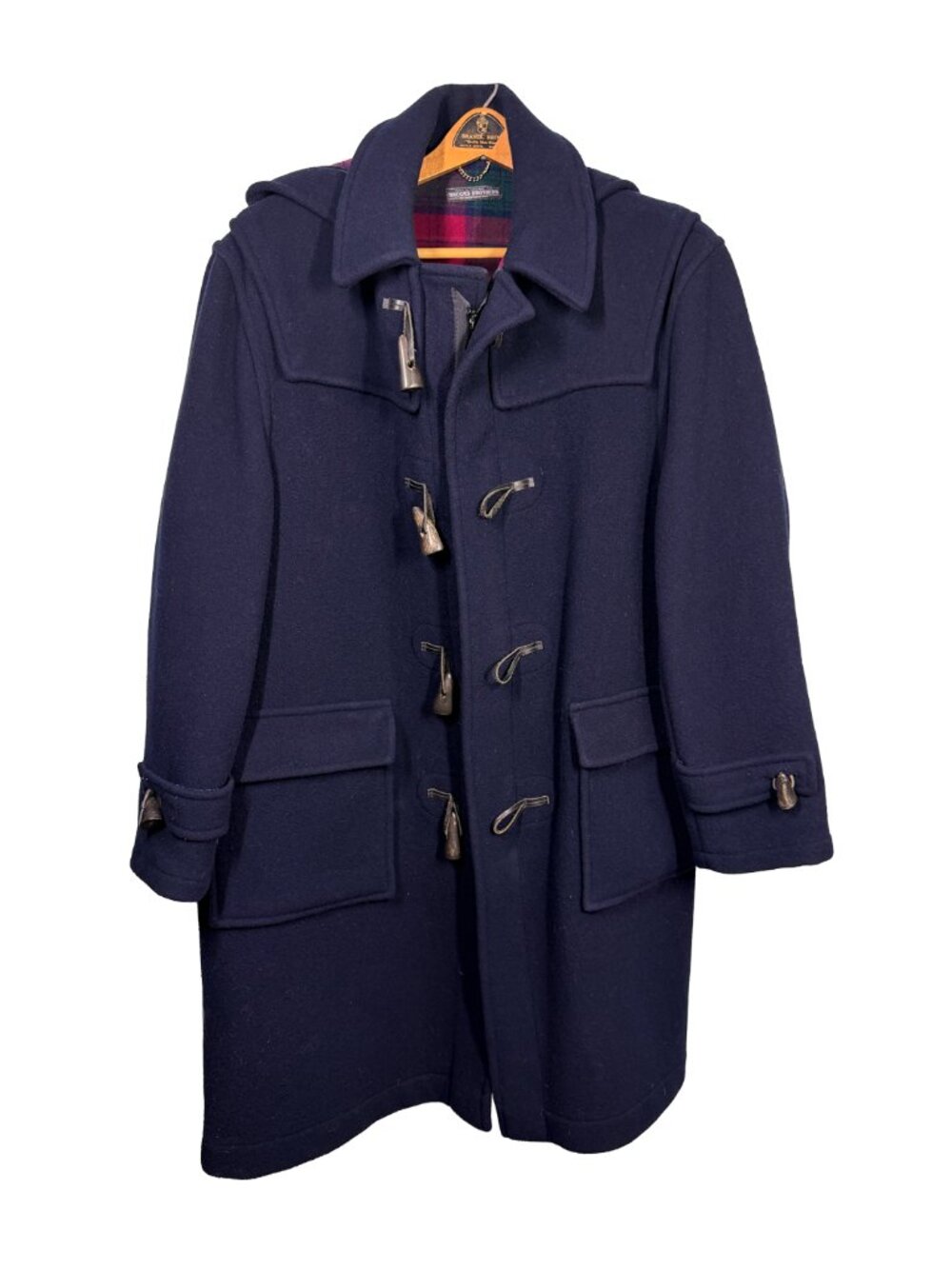 Vintage Brooks Brothers Duffle Coat Mens L Navy Wool England Plaid Toggle Hood